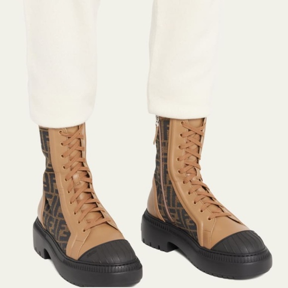 Fendi Tan Leather & Monogram Combat Boots with Black Sole - Picture 2 of 2